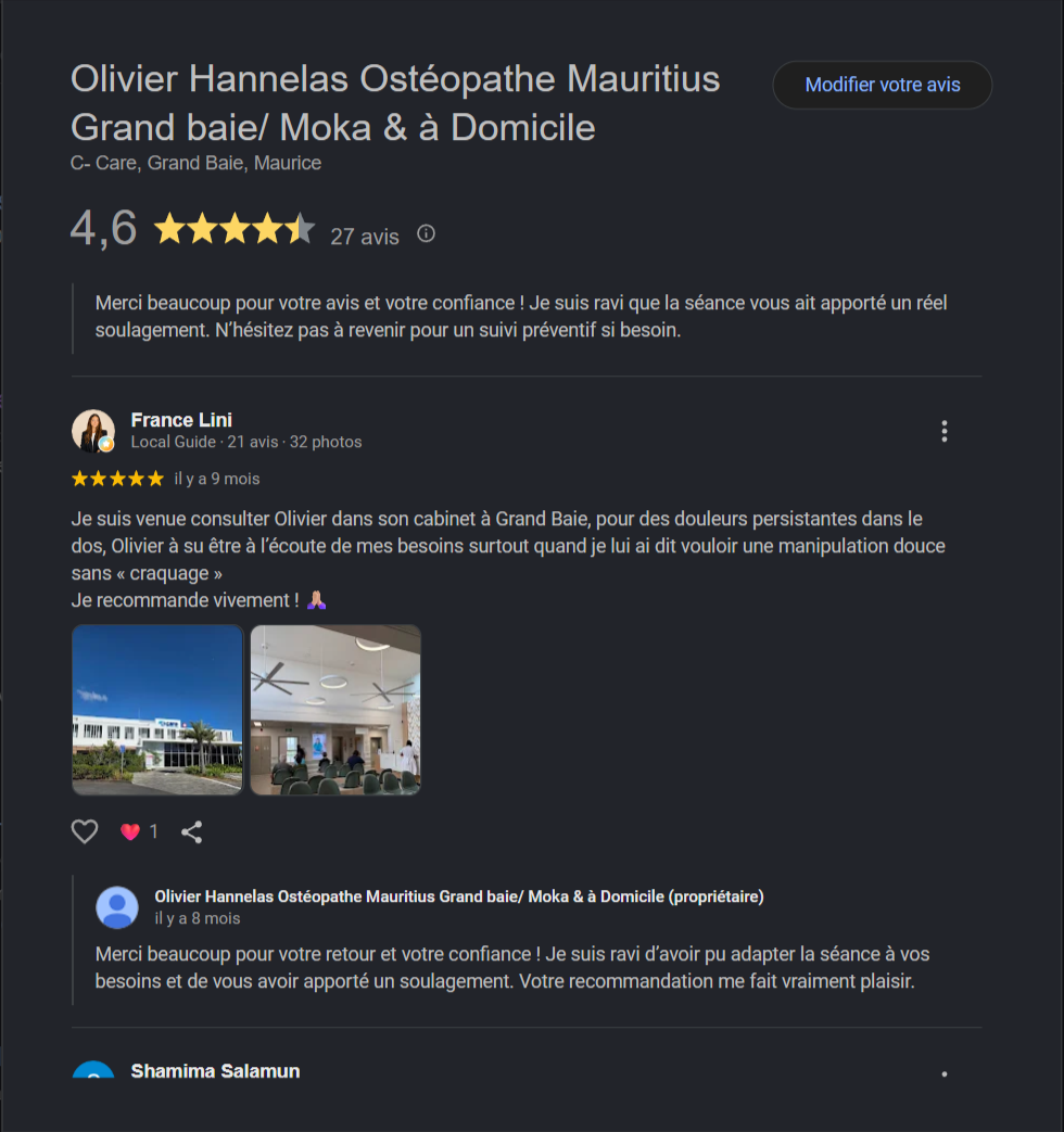 Fiche Google d’Olivier : 4,6 sur 27 avis
